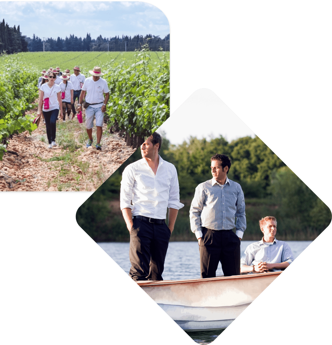 Un groupe de personne marchant dans des vignes et un groupe de 3 hommes dans une barque sur l'eau