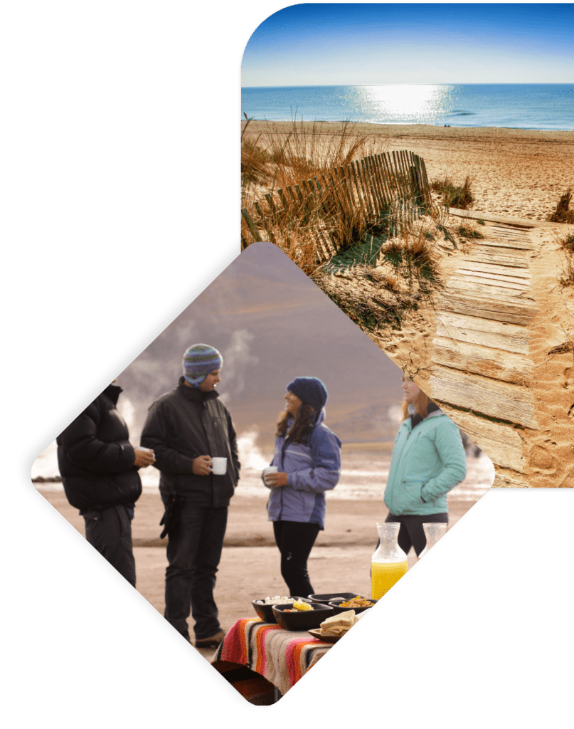 Vue sur une plage et la mer, et 4 personnes profitant d'une pause repas dans un lieu insolite lors d'un séjour incentive